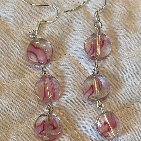3 for 15. Handmade Clear and Pink Round Glass Dangle Earrings - Picture 3 of 3